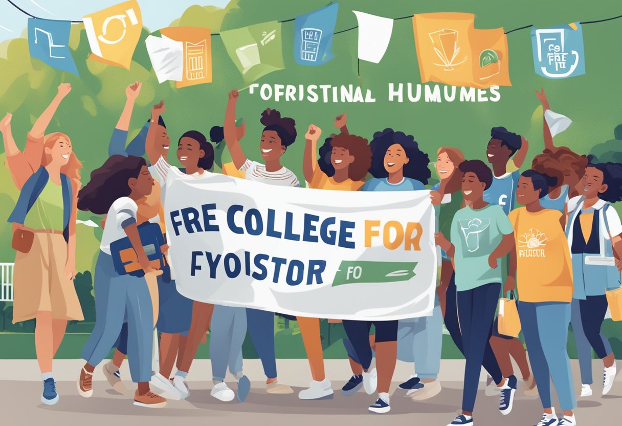 A group of foster youth, excitedly exploring a college campus, surrounded by supportive mentors and counselors. A banner proudly displays "Free College for Foster Youth" in bold letters