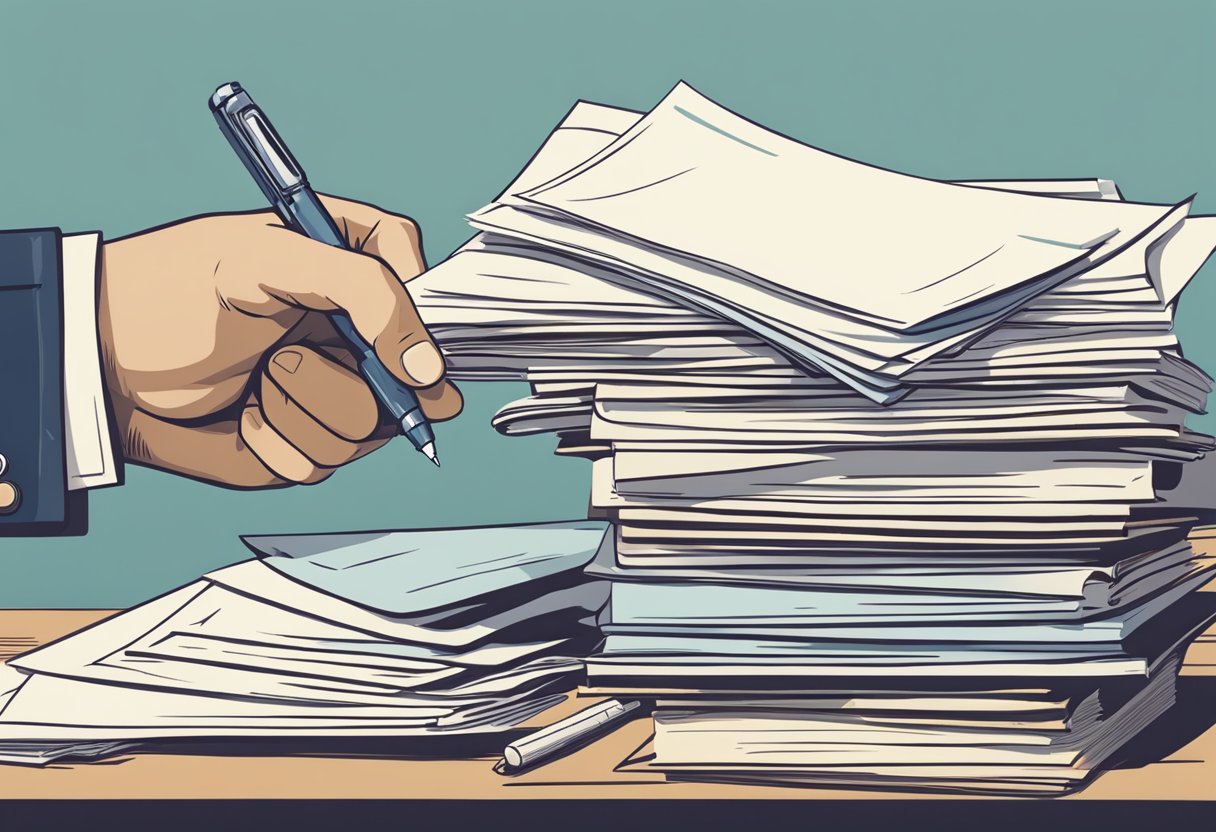 A stack of documents, including transcripts and financial forms, sits on a desk. A hand reaches for a pen, ready to fill out the necessary paperwork